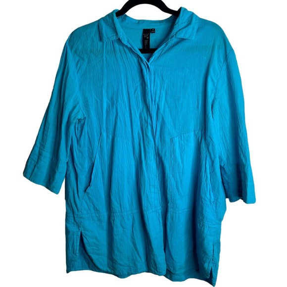 Focus Casual Life Blouse Size M Blue 3/4 Sleeve Collared Cotton Lagenlook - Picture 1 of 9